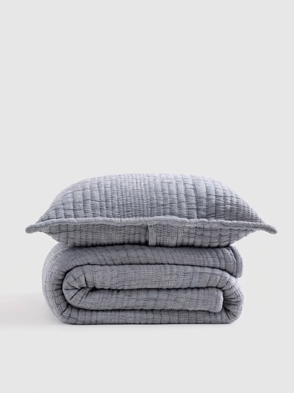 NEW Quince Twin Organic Cotton Channel Stitch Coverlett With Sham, Blue